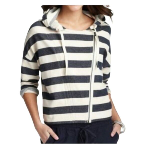 LOFT Lightweight Jacket S Moto Zip Hoodie Cotton Blue Cream Striped Coastal Trip - Picture 1 of 10
